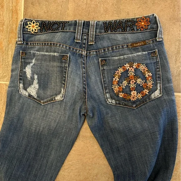 F rankie Ｂ　Make Love Not War Jeans Y2K Frankie B Jeans Size 4, Inseam: 32 inches. | Depop